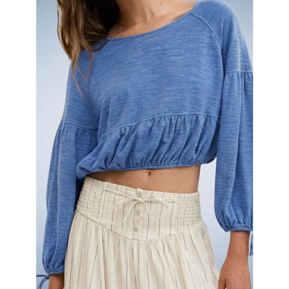 Aerie endless summer coastal crewneck cropped sweatshirt blue size medium